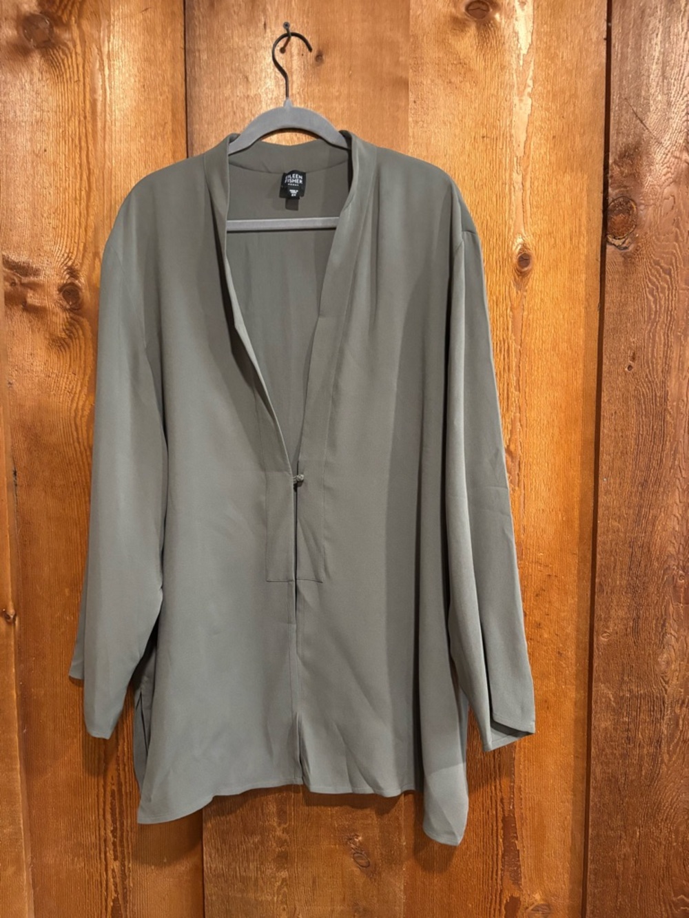 Eileen Fisher Woman 100% Silk Crepe Mandarin V-Neck Tunic Top Grey 2X